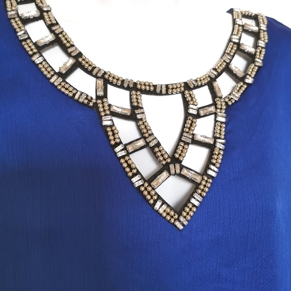 Royal Blue Beaded and Crystals Party Blouse Top Size Small - Picture 3 of 7